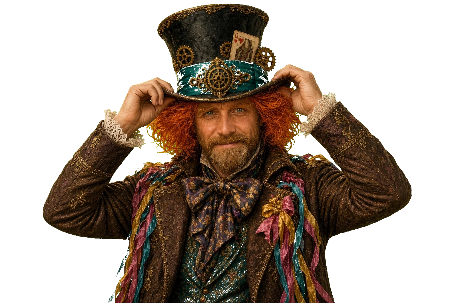 The Mad Hatter gripping the brim of his hat