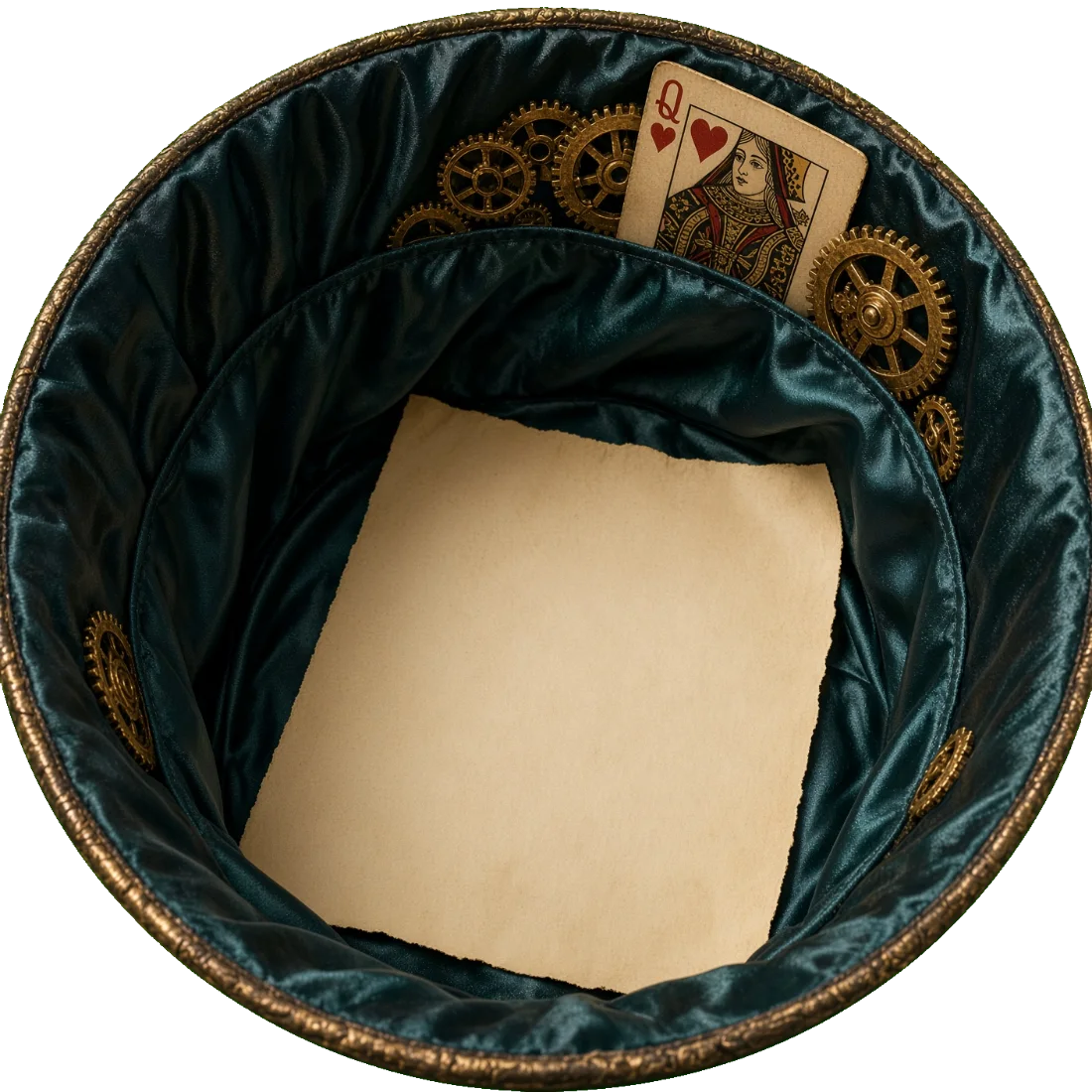 Inside the Hatter's hat: a slip of paper and a playing card among brass cogs