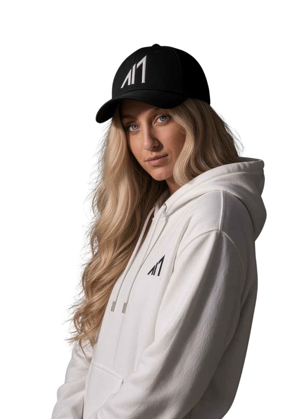 Hayley Brown in a black ALLIN1 cap and white hoodie